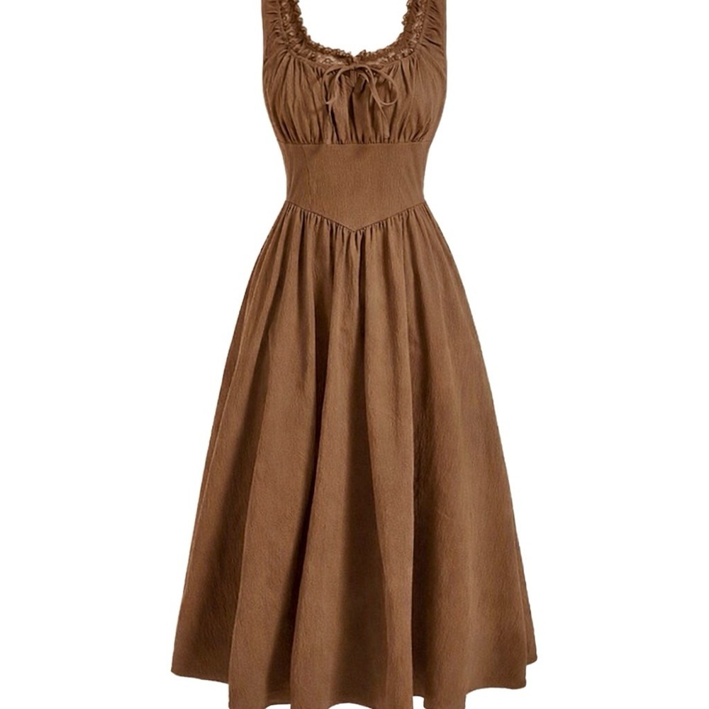 Brown Sleeveless Midi Dress with Smocked Waist